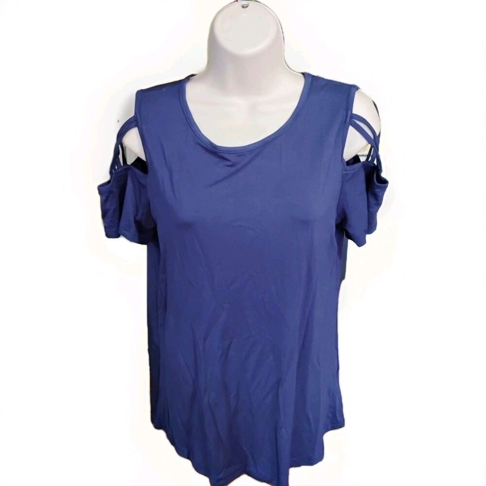 NWT ADREAMLY Navy Blue Cold Shoulder Top Scoop Neck Long Sleeve Blouse Small S